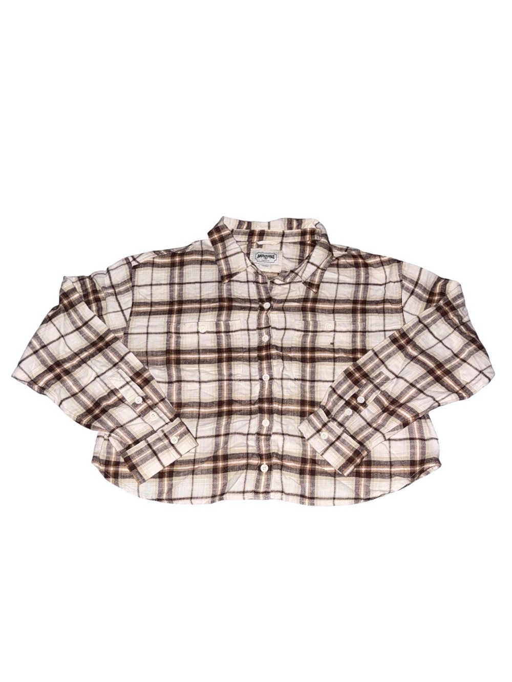 American Eagle Outfitters Plaid Button-Down Cropped Shirt - Brown & White